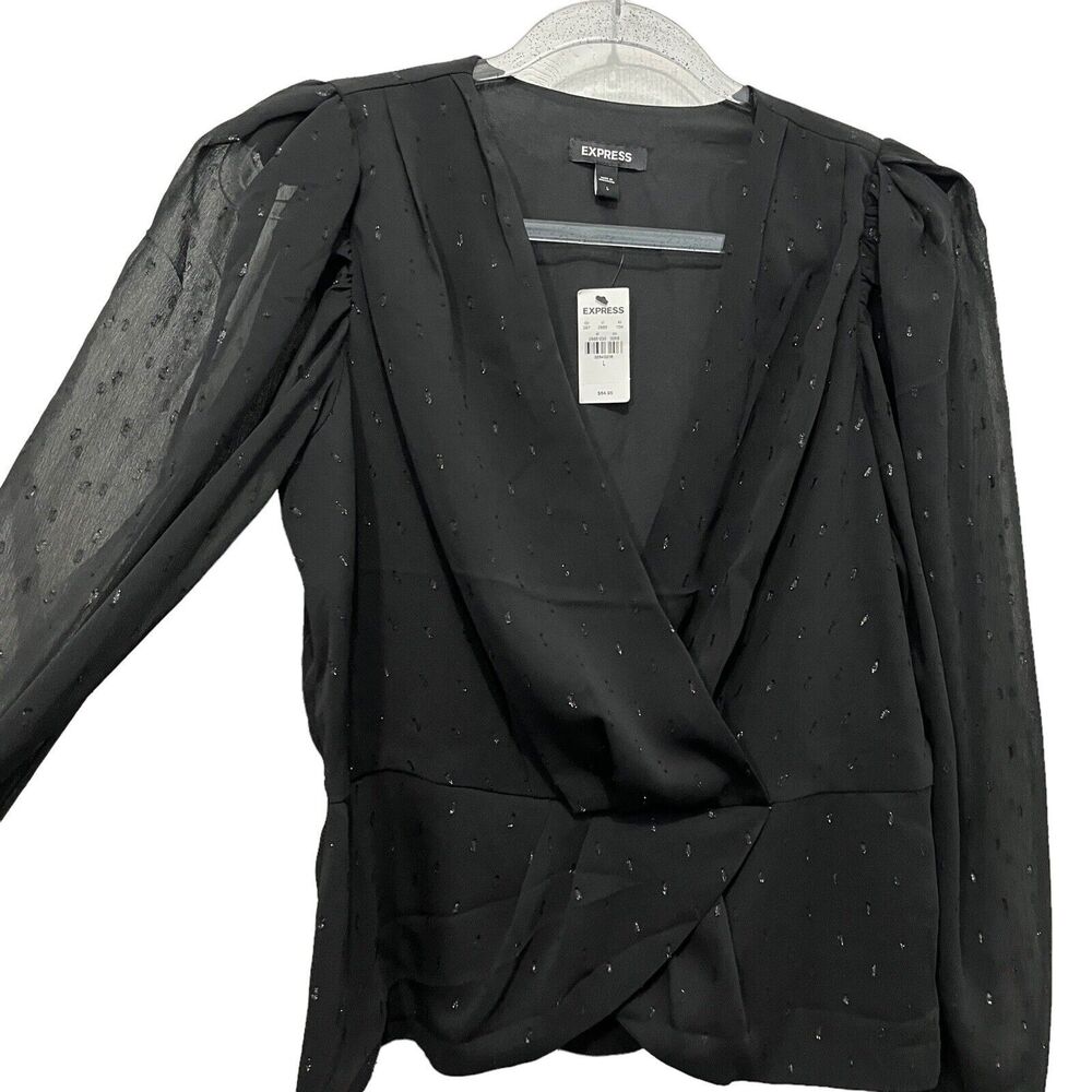 Express Retro Top Blouse Black Puff Sleeve Size L Sheer Peplum 80s does 40s Vibe